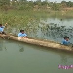 Children forced to cross the river by boat